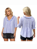 Women's Summer Blouse Solid Color Ruffle Flounce V Neck Short Sleeve Button Down Tops Casual Loose Shirts
