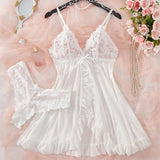 Sexy Lingerie Set Women Erotic Bra Nightdress Sexy Lace V-Neck Underwear Solid Slim Soft Dresses Transparent Thong & Sleepwear