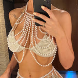Luxury Pearls Halter Hollow Out See Through Bikini Top Female Swimsuit Women Swimwear Bather Bathing Suit Swim Beach Top V5409