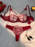 Red Floral Lace Lingerie Set Sheer Mesh Underwire Bra With Bow & Thong Women Sexy Underwear ZA824057