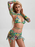 Long Sleeve Printed Halter Bikini Female Swimsuit Women Swimwear Four-pieces Bikini Set with Mesh Skirt Bathing Suit Beach Wear