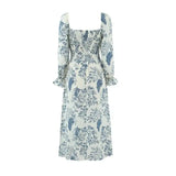 French Casual Style Square-neck Slim-fit Dress Feminine With Side Slit Three-quarter Sleeves Waist Cinching Printed Holiday THF3