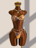 New Coffee Tie Dye Gradient Bikini Set 2026 Swimwear Women Metal Flower Push Up Cover Up Drawstring Side Skirt 4 Piece Swimsuit