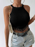 Women's Summer Vest Tassel Hem Sleeveless Cold Shoulder Fashionable Slim Tank Tops casual Y2K Chic Tops