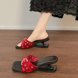 Sexy Black Rivet Slippers Square Toe Buckle Strap Strange Style Heel Sandals Outside 2025 Summer New French Style Women Shoes