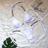 4 Colors Sexy Bikini Women Solid Luxe Rhinestone Bandage Halter Swimwear Swimsuit Female Bikinis Set Bathing Suit Beach Thong