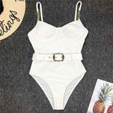 Ribbed Push up Underwired Metal Chain Women Swimwear One Piece Swimsuit Female Waist Belt Monokini Bather Bathing Suit Swim Lady
