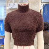 Women's Spring Summer Fuzzy Knit Tops Fashionable Casual Solid Color High Neck Short Sleeve Crop Sweater