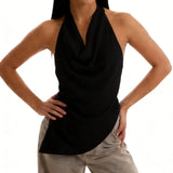 Women’s Solid Color Satin Cowl Neck Halter Tops Summer Fashionable Backless Slim Fit Going Out Vest
