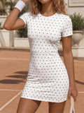 Retro Polka Dot Sports Tennis Dresses Women Quick Drying Round Neck Short Sleeve Back Hollow Cross Slim Yoga Golf Fitness Dress