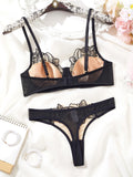 Sexy Underwire Cute Push Up Strappy Embroidered Mesh Sheer Lingerie Set See Through chick padding Panty Bra