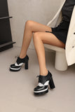 Bright Patent Leather Patchwork White PU Lace Up High Heels with Breathable Lining, Wavy and Serrated Patterns, Sweet Pumps