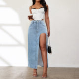 Women's Casual High Waisted Denim Skirt Side Split Casual Sexy Nigh Out Long Maxi Cargo Denim Skirt Summer New Y2k Streetwear
