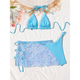S - XL Three-pieces Bikini set With Skirt Flowers Sequins Bikini Female Swimsuit Women Swimwear Bather Bathing Suit Swim V7864