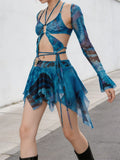 Women 3 Piece Sets Long Sleeve Shrug + Halter Tank Top + Irregular Pleated Skirts Y2K Aesthetic Gothic Sexy Streetwear