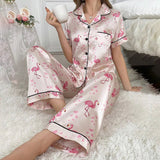 Satin Pajamas for Women Home Clothes Sleepwear Pj Set Autumn Short Sleeve Button Up Top with Lapel Collar & Pants Pyjama Femme
