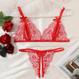 Floral Lace Sexy Lingerie Bow Open Split Cup Intimates Bra And Thongs Sets Crotchless Naughty Porn Sex Outfit Women's Underwear