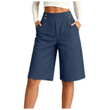 Women's High Waist Cotton Linen Bermuda Shorts Double Breasted Wide Leg Casual Shorts With Pockets Loose Fit Office Summer Short