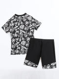 2026 Summer New Women Two-Piece Surfing Suit,fashion Leaf Print Conservative Tankini,Short-sleeve Zipper Swimsuit,beach Swimwear