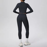 New Women Yoga Set Solid Color Double-Sided Brushed Bare Feel Short Long-Sleeve Jacket Tight Pants Running Fitness 2-Piece Set
