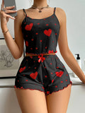 Summer Sleepwear Women 2 Pieces Pajama Set Homewear Heart Print Camisoles and Shorts Sexy Lingerie Nighty Underwear