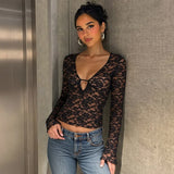 FDYOUI Sexy Deep V-neck Lace T-shirt 2026 Women Long Sleeve See-through Slim Tops Ladies Party Night Club T Shirts Streetwear