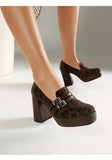 Square Toe Platform Double-Layer Buckle Shallow Sleeve Office Pumps Ultra-High Thick Heel Breathable High Heels