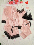 Women's Satin Sleepwear Pajama Set Pink Sexy Lingerie Bath Robe Lace Patchwork Silk Night Dress Trousers Home Clothed Nightwear