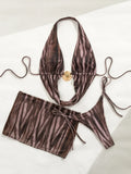 DEKA Sexy Swimsuit Zebra Stripes 3 Pieces Bikini Set Summer Beach Wear Hollow Out Bikinis With Beach Skirt Swimwear Cover-up