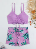 Tropical Print Drawstring Bikini 2026 Women High Waist Swimsuit Tie Front Shorts Swimwear Female Bathing Suit Swimming Summer