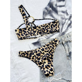 Leopard Printed One Shoulder Cut Out Bikini Female Swimsuit Women Swimwear Two-Pieces Bikini Set Bather Bathing Suit Swim V4429