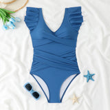 2026 Sexy Ruffle Swimsuit One Piece V-neck Drawstring Swimwear Women Bathers Bathing Swimming Swim Suit Female Beachwear XXL