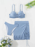 Women's Sky Blue Three Piece Swimsuit Solid Color V-neck Underwire Bikini Set Beach Vacation Suspender Backless Swimwear 2026