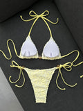 Sexy Yellow 3D Flower Micro Bikini 2026 Women Hole Out Stone Strap Push Up Bra Thong Swimsuit Holiday Bathing Suit Swimwear