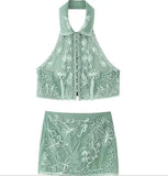 Women's Fashionable Lapel Embroidered Backless Shorts Set J25E