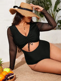 VigoJany 2026 Sexy Black Long Sleeve Plus Size Swimwear Women Hollow Push Up One Piece Swimsuit Patchwork Backless Bathing Suit