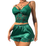 2 Pcs/Set Women Pajama Set Hollow Out Lace V Neck Sleeveless Crop Top High Waist Satin Shorts Anniversary Sleepwear Outfits