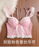 MOYISU Rhinestone Lace Corset Bra Set Pink Halter Bustier Slim-Fit Waist Trainer Sexy Lingerie for Women Party Wedding Outerwear
