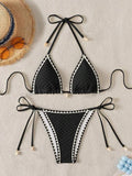 Sexy White Contrast Bikinis Sets 2026 Women Shell Ornament Push Up Tie Side Thong Swimsuit Summer Bathing Suit Micro Swimwear