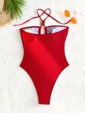 2026 Summer Women's One-piece Suit Swimwear Sexy Hollow Out Neck Lace-up Bodysuit Beachwear High Waist Push Up Bathing Suits