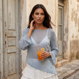 Summer Women's Sheer Chiffon Tops Solid Color Boat Neck Long Sleeve Tie-up Back Blouse for Party Club Daily Cover-ups Shirt