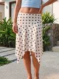 Summer Women's Irregular Hem Midi Skirt Stylish Dots Printed Low Rise Looose A Line Skirts Casual Bohemian Long Skirts
