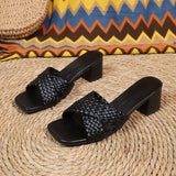 Champagne Woven High Heel Sandals Women Plus Size 42 Square Toe Cross Band Party Shoes Ladies Fashion Thick Heeled Sandalias