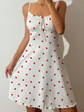 Women Cherry Print Camisole Nightgown, Summer Sleeveless Sleep Dress with Bow Front, Adjustable Straps, Ruffle Hem Home