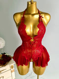 Elegant Lace Halter Neck Teddy Bodysuit With Bow Detail And Ruffled Hem Sexy Women's Lingerie