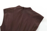 Foridol Stand Collar Sleeveless Pleated Tank Dress for Women Brown Casual Short Autumn Winter Dress Zip Black Ladies Vestidos