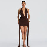 FDYOUI Elegant Halter Neck Water Drop Decoration Party Club Dress for Women 2026 Backless Bandage Folds Short Evening Dresses