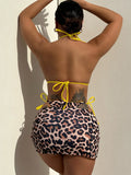 2026 Summer Leopard Print 3 Pieces Suit Swimwear Reversible Sexy Halter Lace-up Bikini Set Drawstring Skirt Cover Up Beachwear