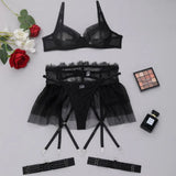 Toucheart 4 Piece Set Sexy Lingerie Set Lace Perspective Bra Women Mesh Patchwork Ruffled Skirt Garter Socks Sexy Underwear Suit