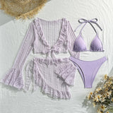 Sexy 4 Pieces Bikinis Sets Women Mesh Long Sleeve Cover Up Beach Skirt Swimwear Holiday Beach Bathing Suit Patchwork Swimsuit